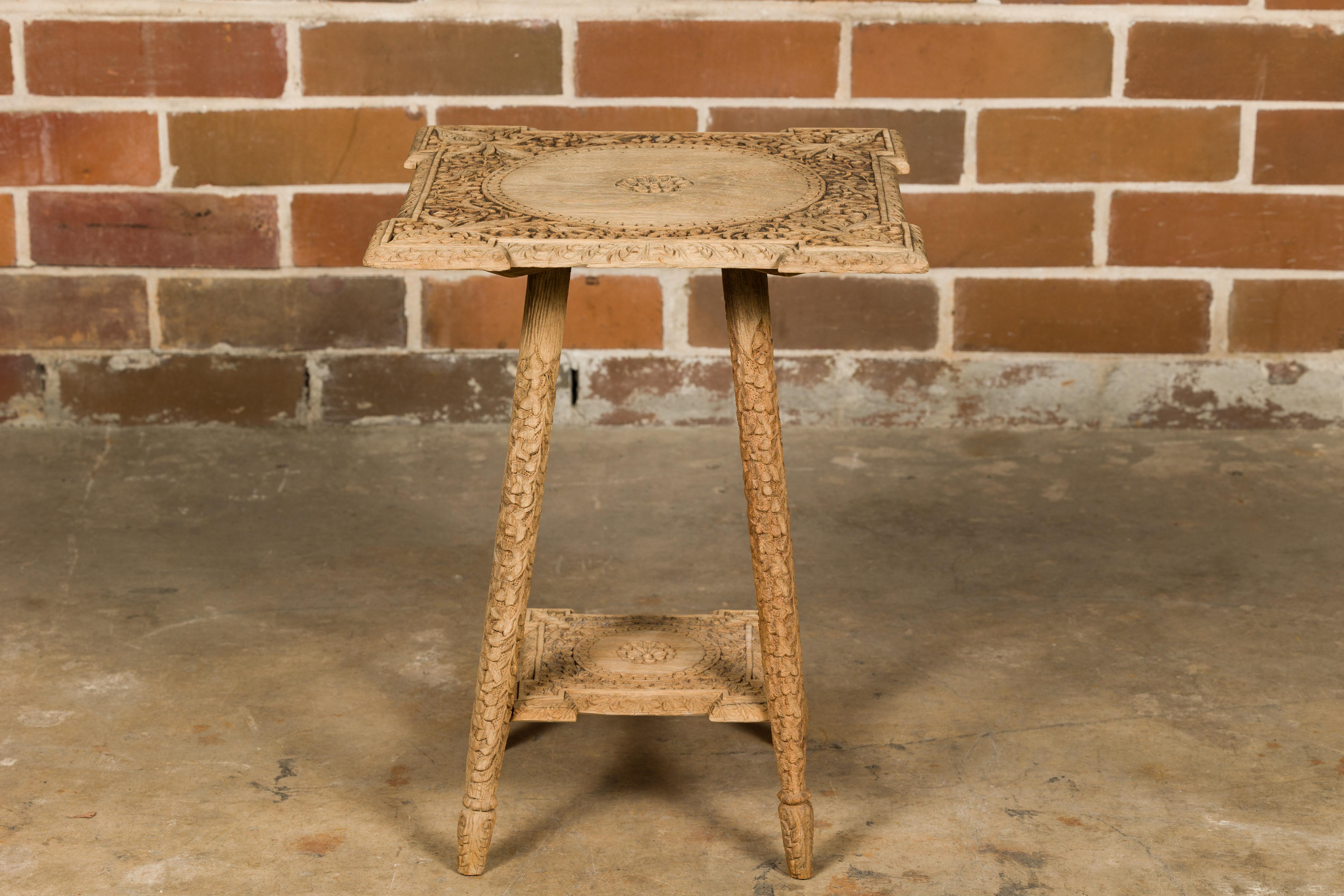 20th Century Moroccan 1900s Wooden Drinks Table with Abundant Hand-Carved Floral Décor 