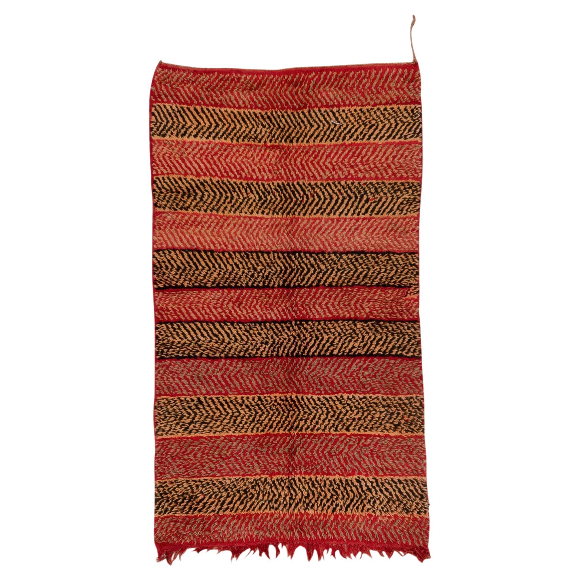 Red Striped Moroccan Rug with Tiger Yellow and Rich Night Black For Sale