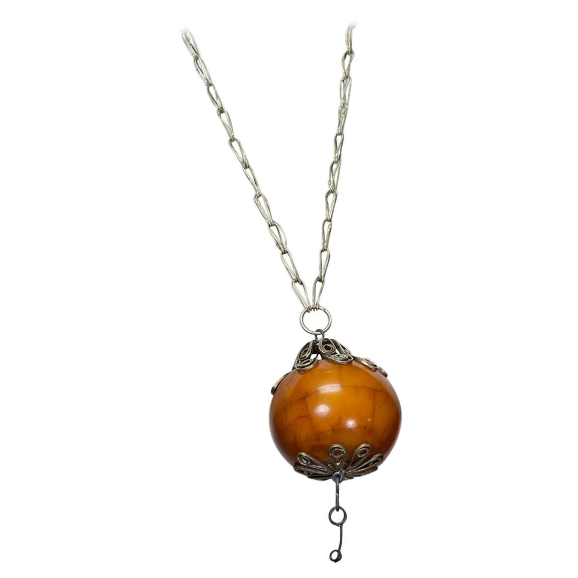 Moroccan 7" Solid Amber Globe Statement Pendant Necklace w Provenance- 26", 1969