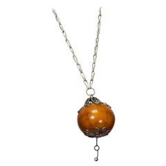 Vintage Moroccan 7" Solid Amber Globe Statement Pendant Necklace w Provenance- 26", 1969
