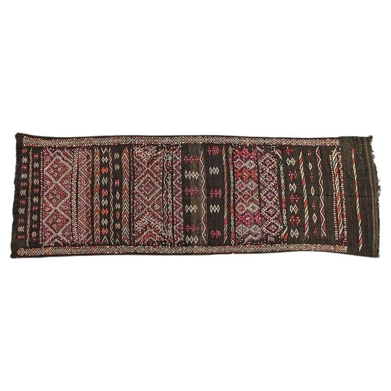 1950s Vintage Moroccan Black Zemmour Kilim Runner Rug