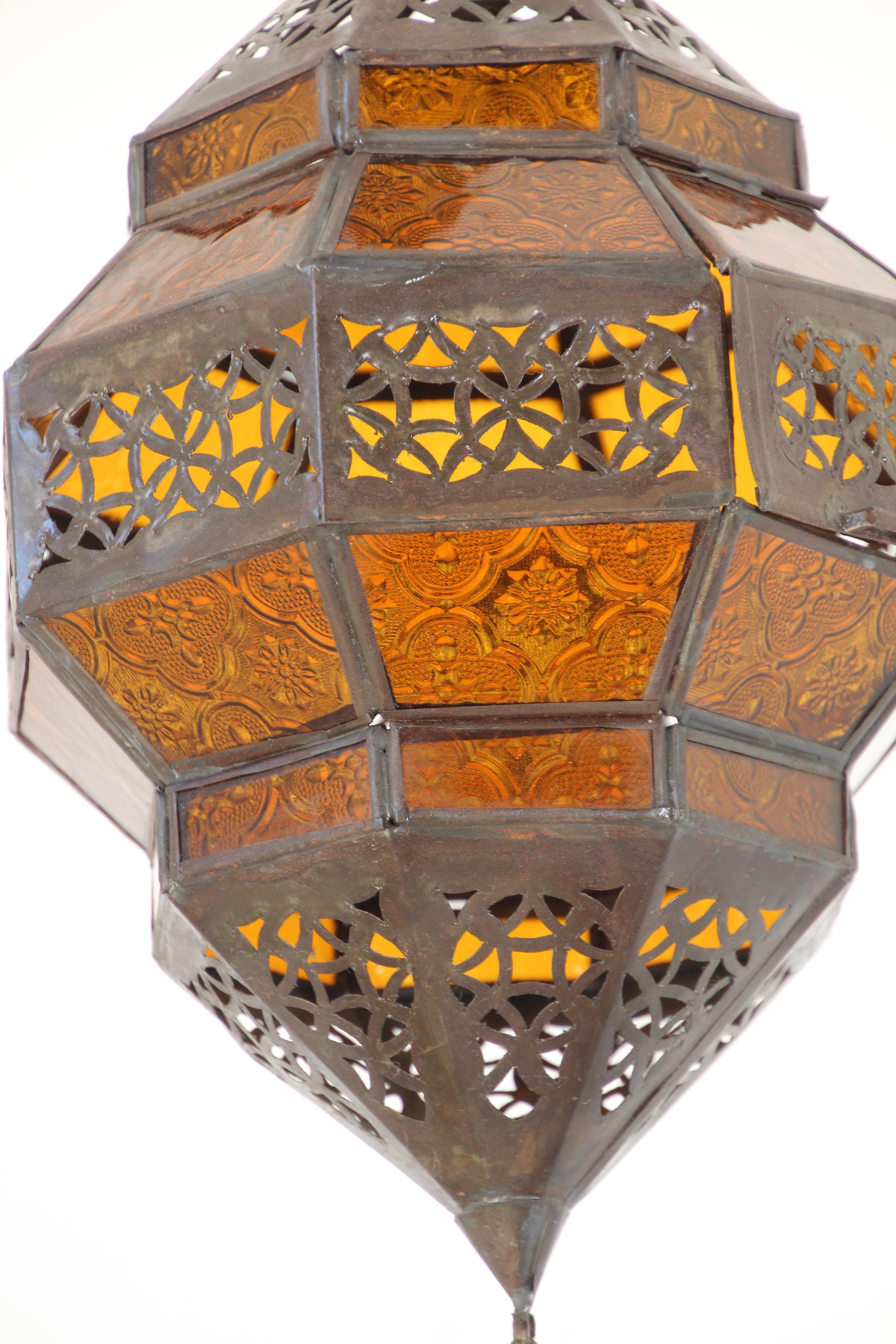 Details about   Moroccan Hexagonal Wrought Iron Pending Glass Lantern Elongated Lamp Light 