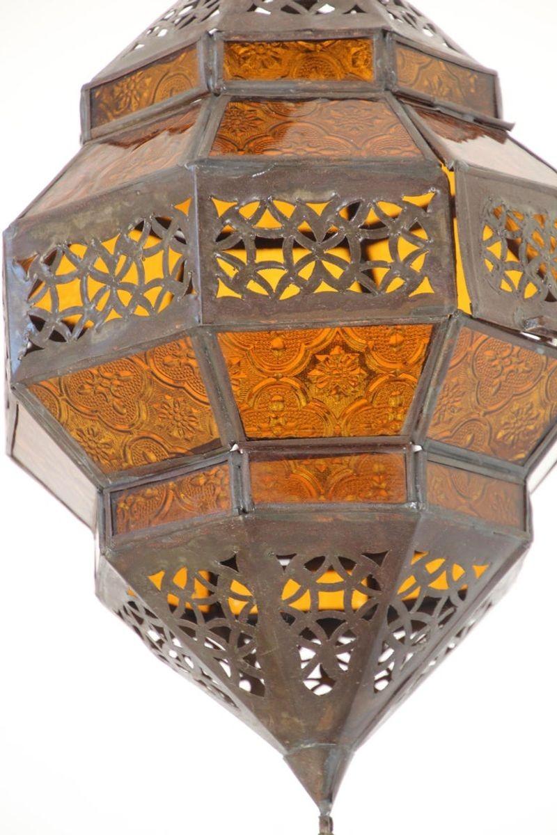 Hand-Crafted Moroccan Amber Glass Lantern, Octagonal Diamond Shape