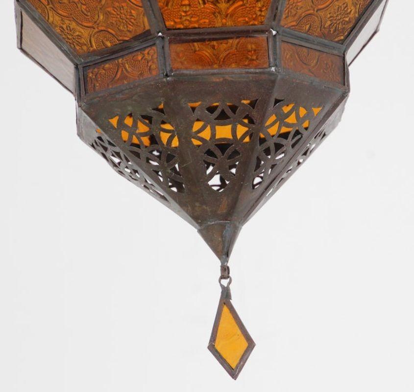 Moroccan Amber Glass Lantern, Octagonal Diamond Shape In Good Condition In North Hollywood, CA