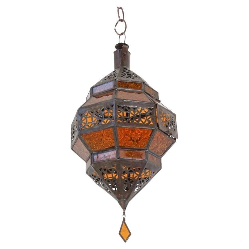 Moroccan Amber Glass Lantern, Octagonal Diamond Shape