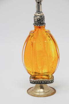 Moroccan Amber Footed Glass Perfume Bottle Sprinkler with Embossed Metal Overlay