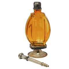 Moroccan Amber Footed Glass Perfume Bottle Sprinkler with Embossed Metal Overlay