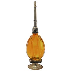 Moroccan Amber Footed Glass Perfume Bottle Sprinkler with Embossed Metal Overlay