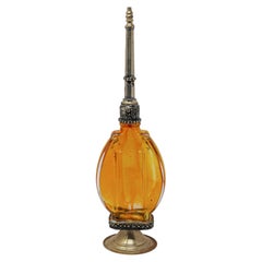 Moroccan Amber Footed Glass Perfume Bottle Sprinkler with Embossed Metal Overlay