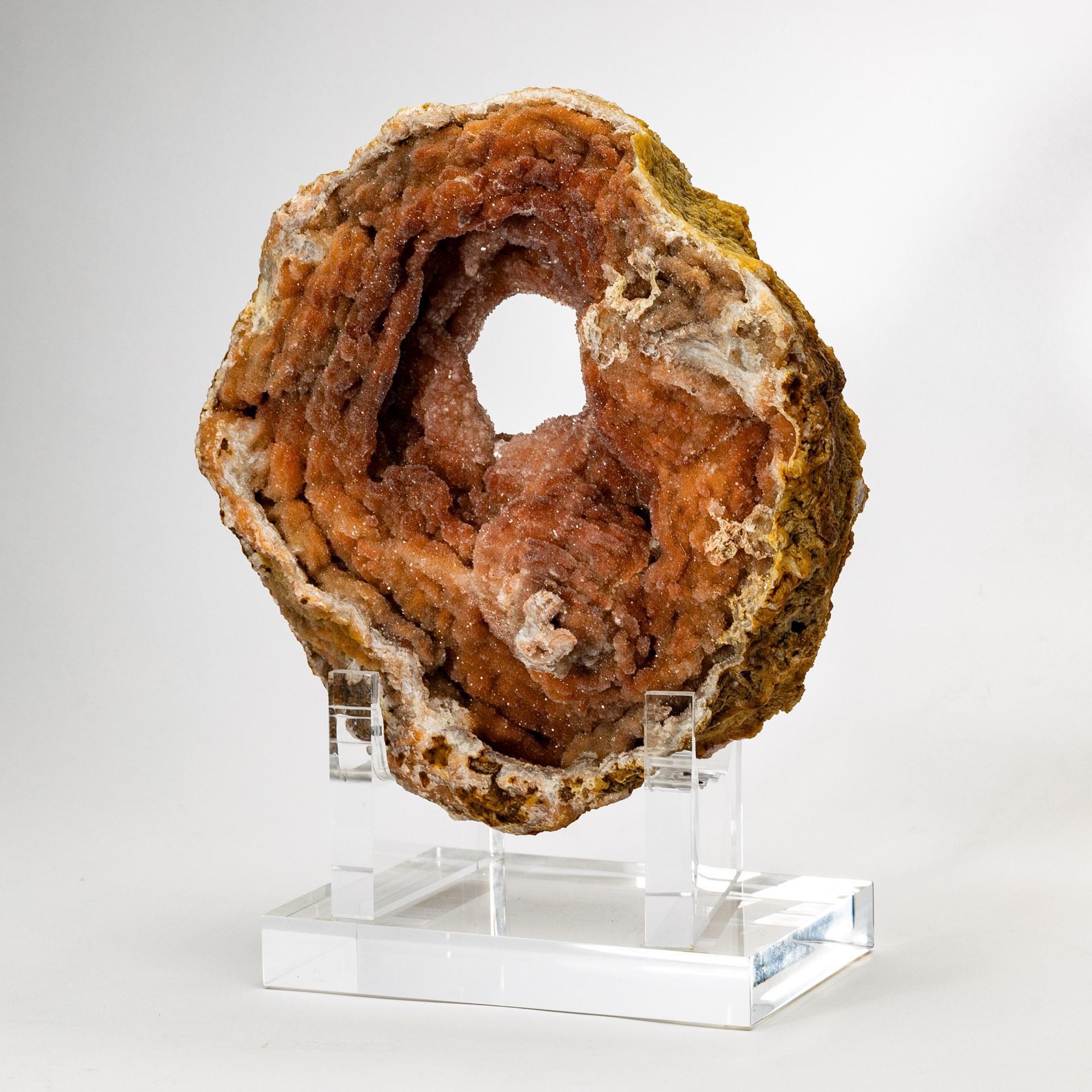 Organic Modern Moroccan Amethyst Geode with Hematite Inclusions on acrylic base For Sale