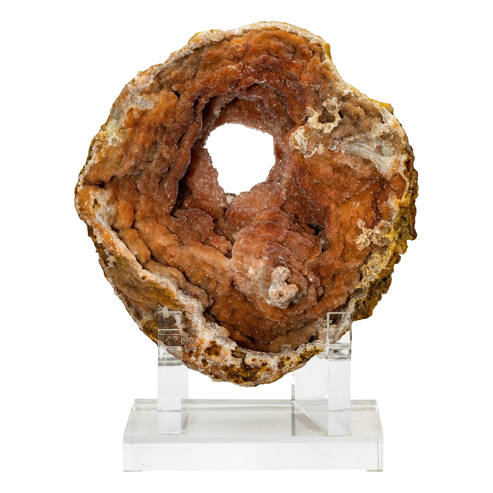 Moroccan Amethyst Geode with Hematite Inclusions on acrylic base For Sale