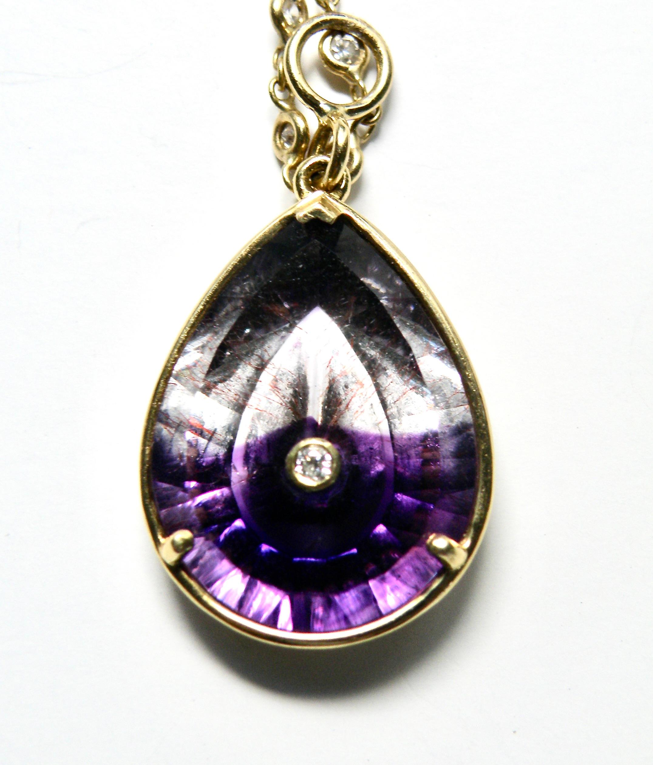 Unusual Moroccan Amethyst Teardrop Pendant. !8k gold, set mini diamond in the middle.