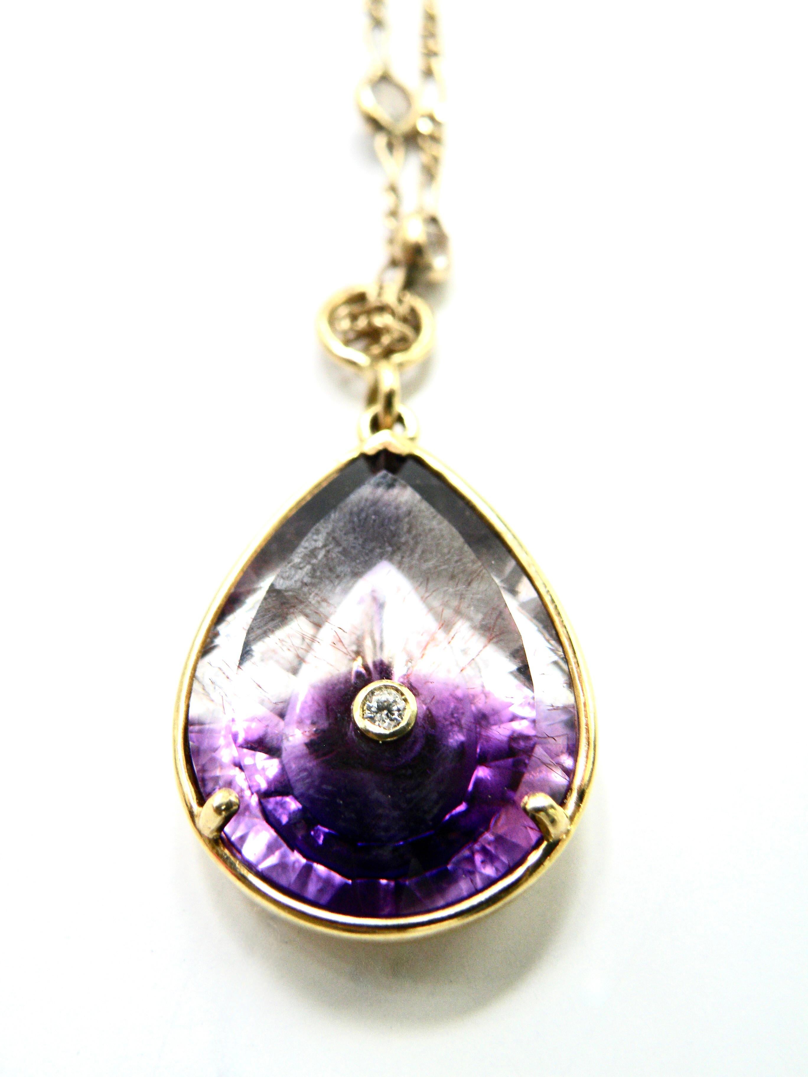 Contemporary Moroccan Amethyst Teardrop Pendant. 18k, set mini diamond in the middle. For Sale
