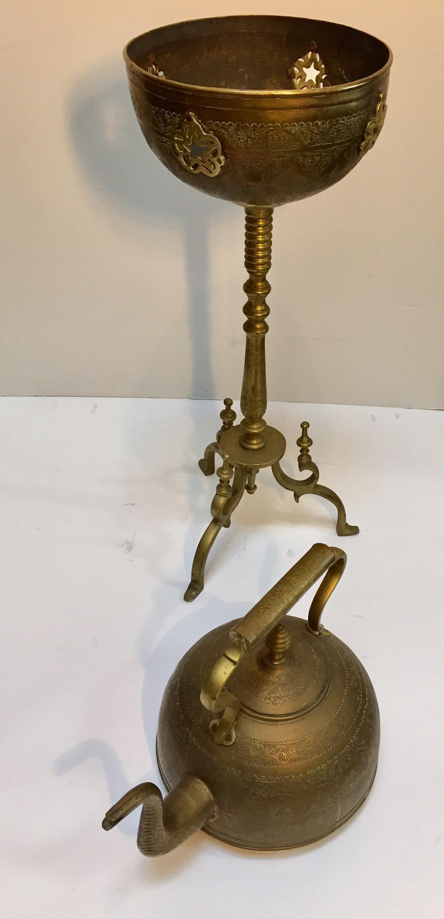 Moroccan Antique Brass Tea Kettle Pot on Stand 4