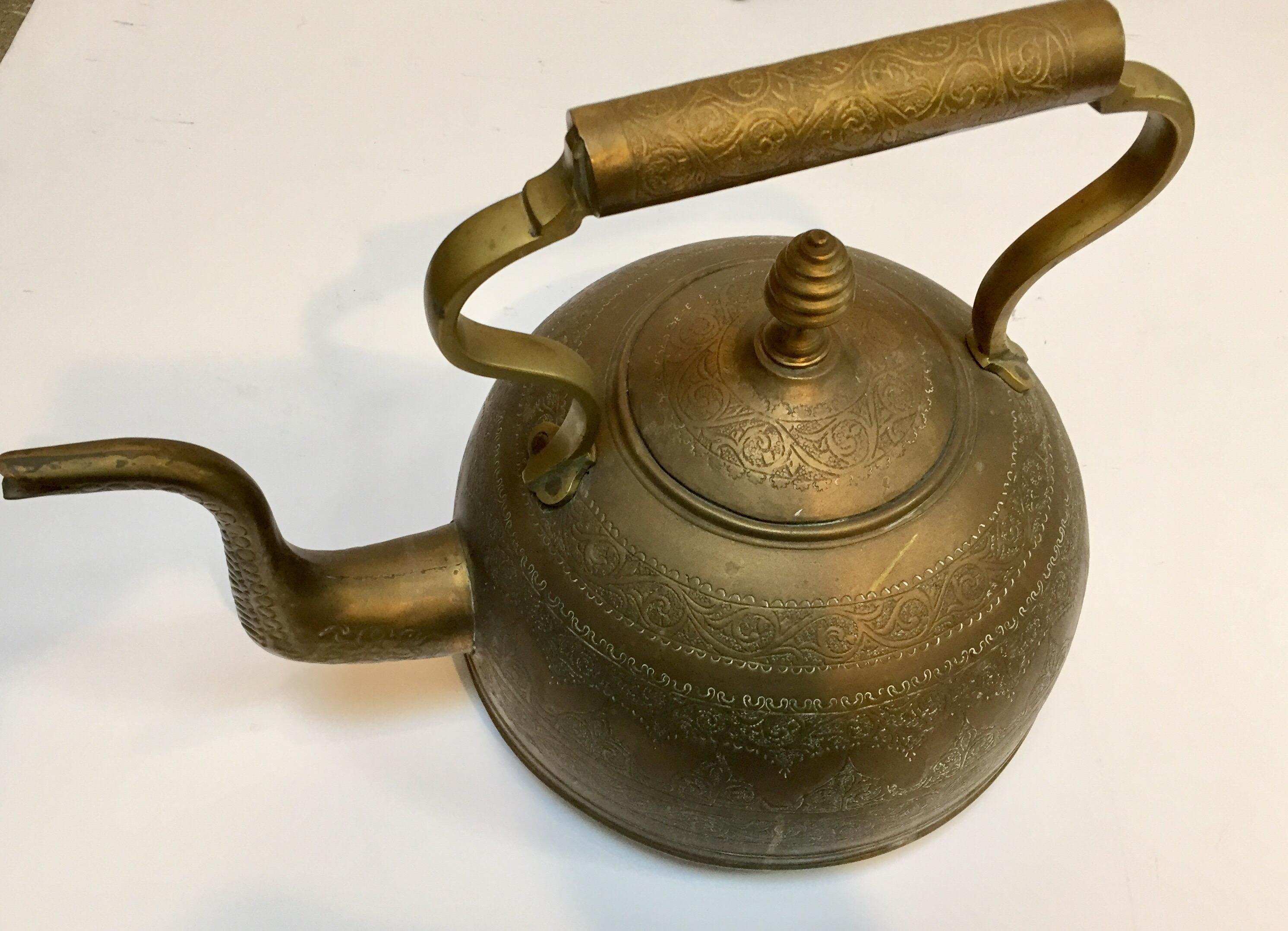 Moroccan Antique Brass Tea Kettle Pot on Stand 5
