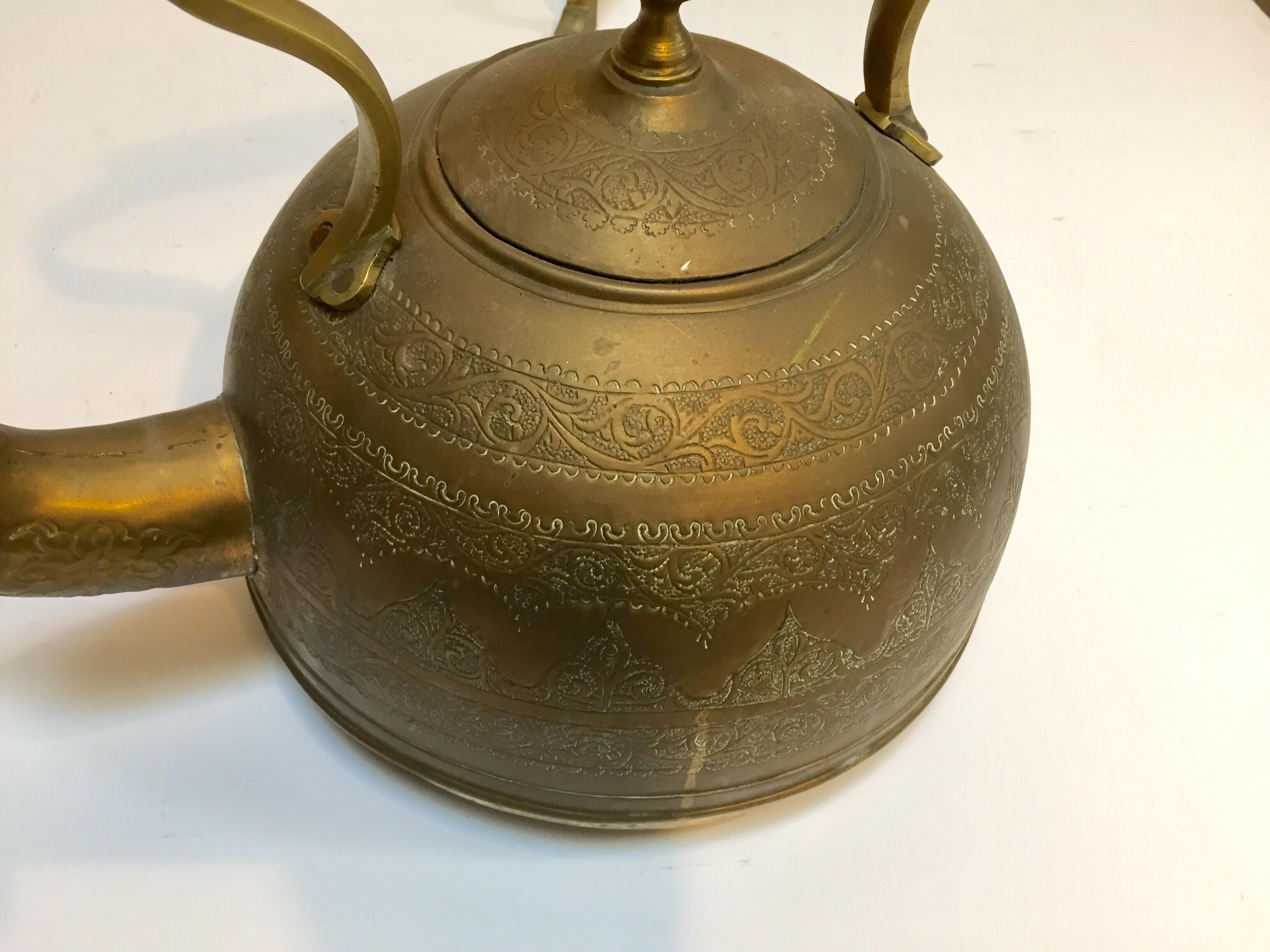 Moroccan Antique Brass Tea Kettle Pot on Stand 7
