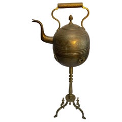 Moroccan Antique Brass Tea Kettle Pot on Stand