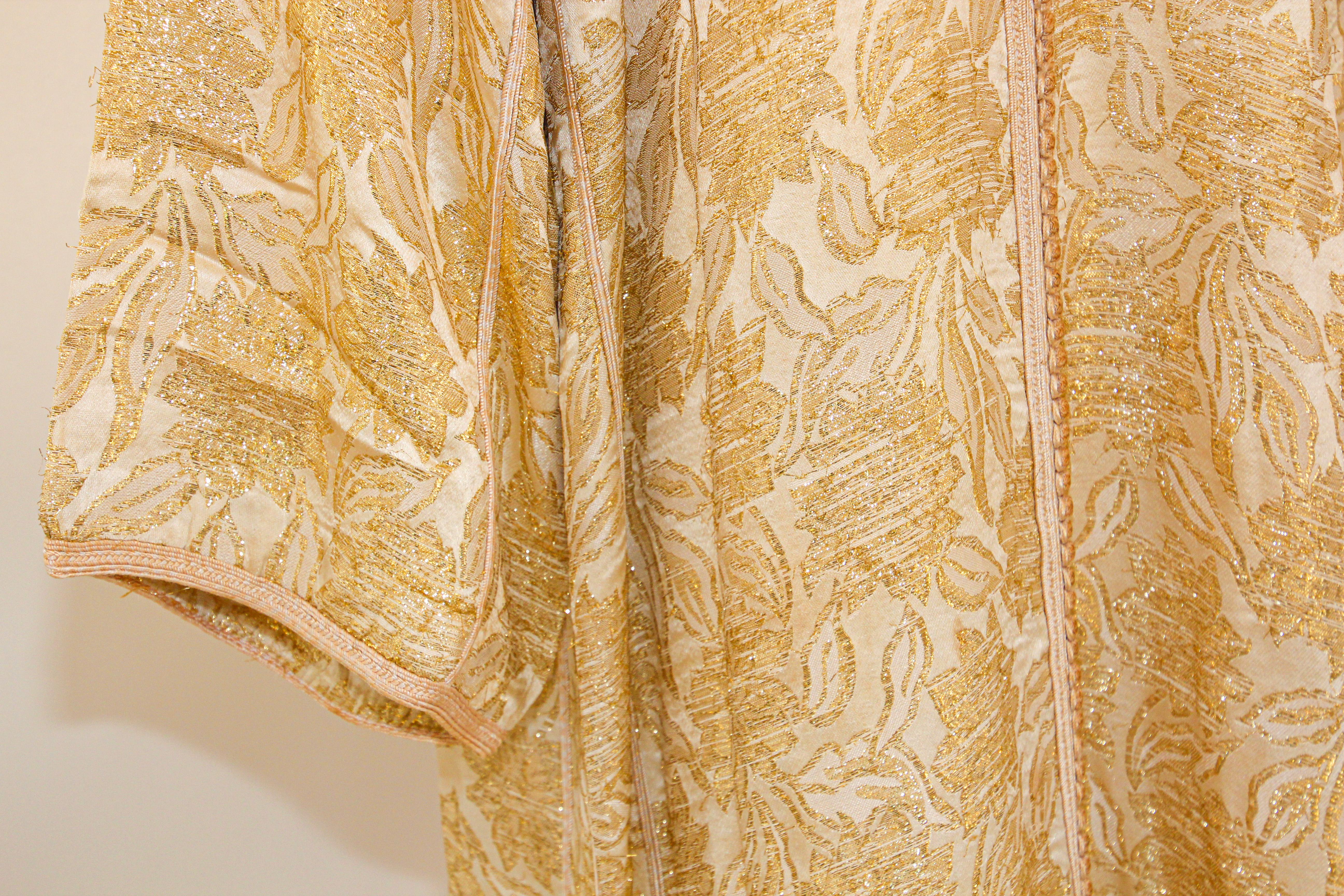 1940s Moroccan Antique Caftan Gold Damask Embroidered Caftan Maxi Dress For Sale 6