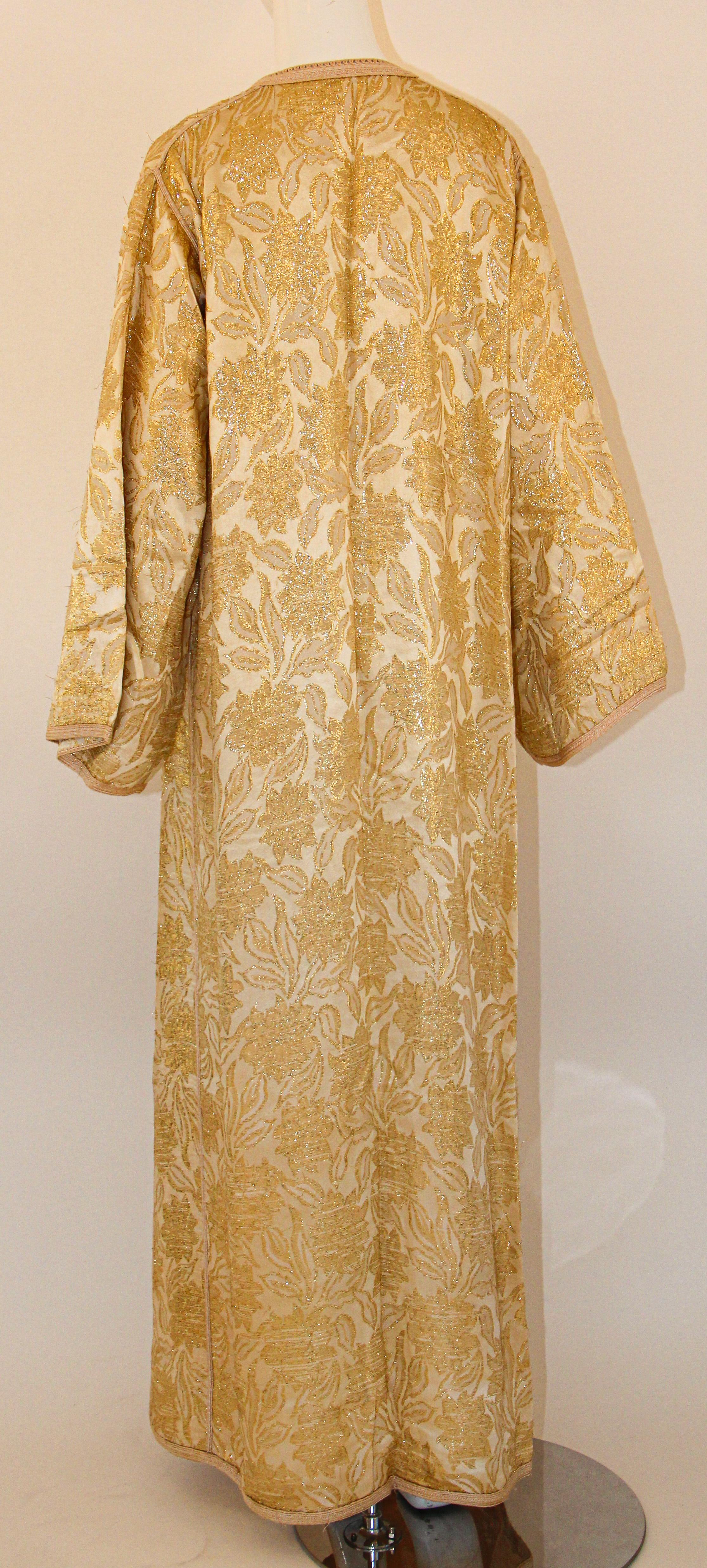 1940s Moroccan Antique Caftan Gold Damask Embroidered Caftan Maxi Dress For Sale 10
