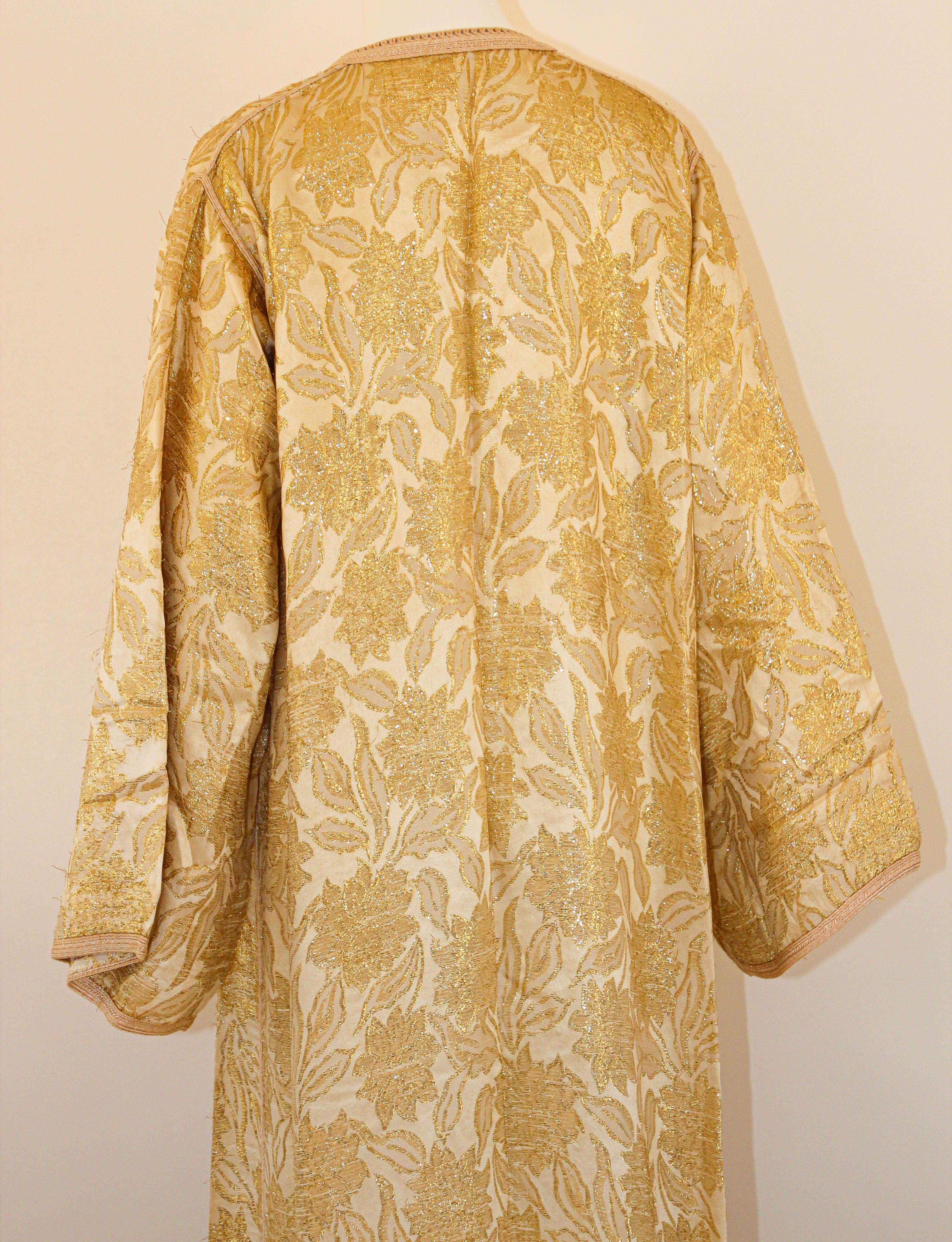 1940s Moroccan Antique Caftan Gold Damask Embroidered Caftan Maxi Dress For Sale 11