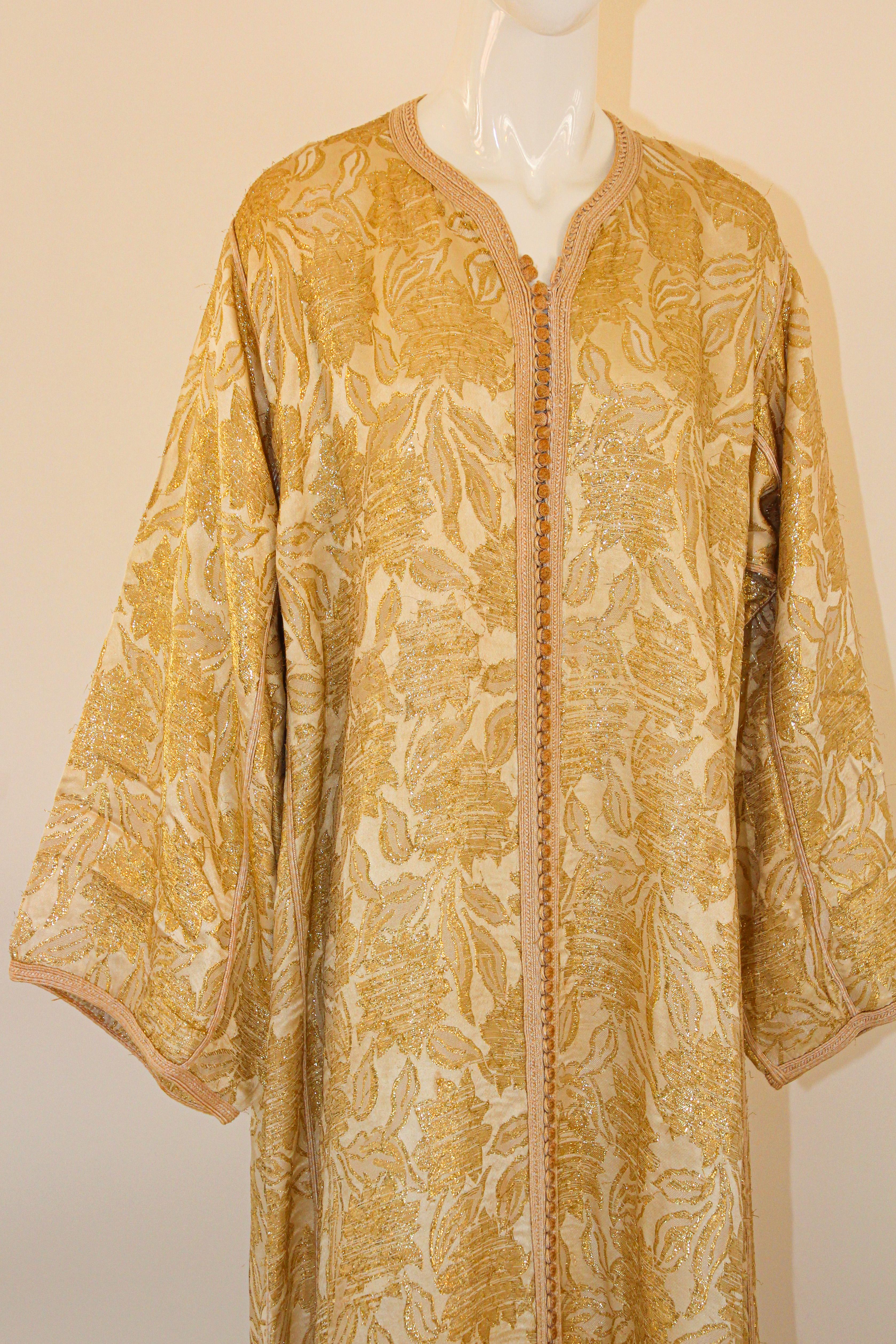 Women's or Men's 1940s Moroccan Antique Caftan Gold Damask Embroidered Caftan Maxi Dress For Sale