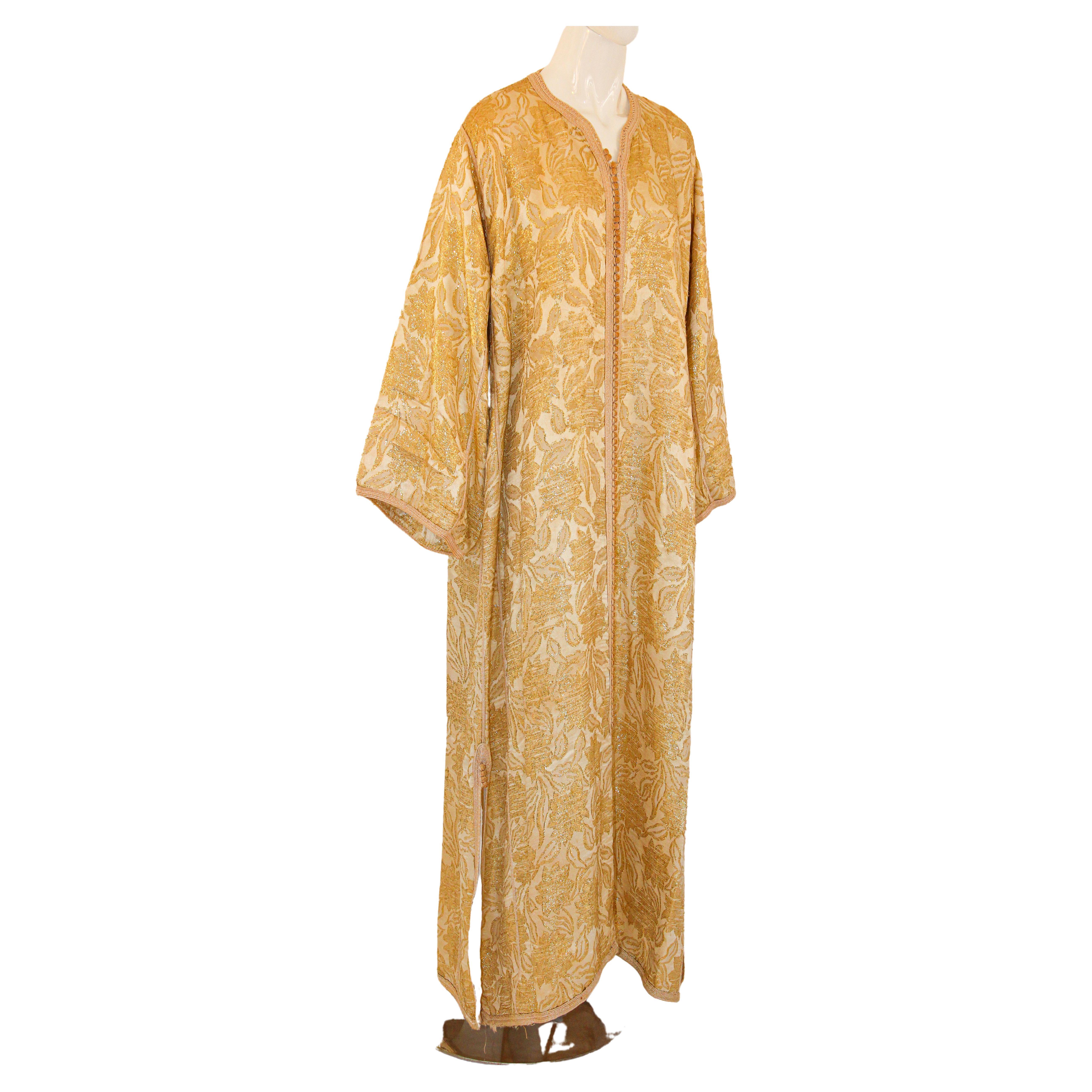 1940s Moroccan Antique Caftan Gold Damask Embroidered Caftan Maxi Dress For Sale
