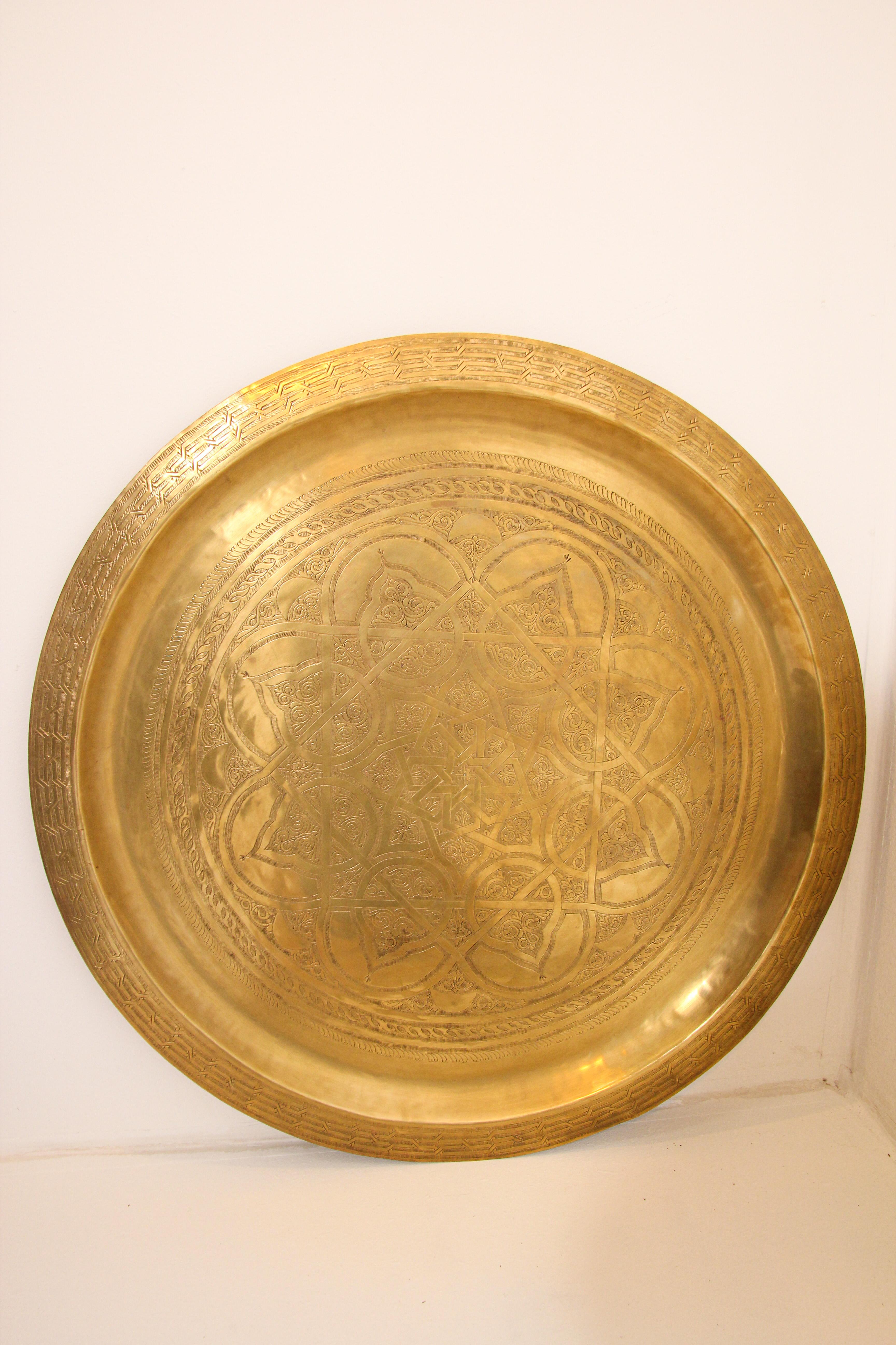 Moroccan Antique Large Polished Round Brass Tray Platter 36 Inc. 4