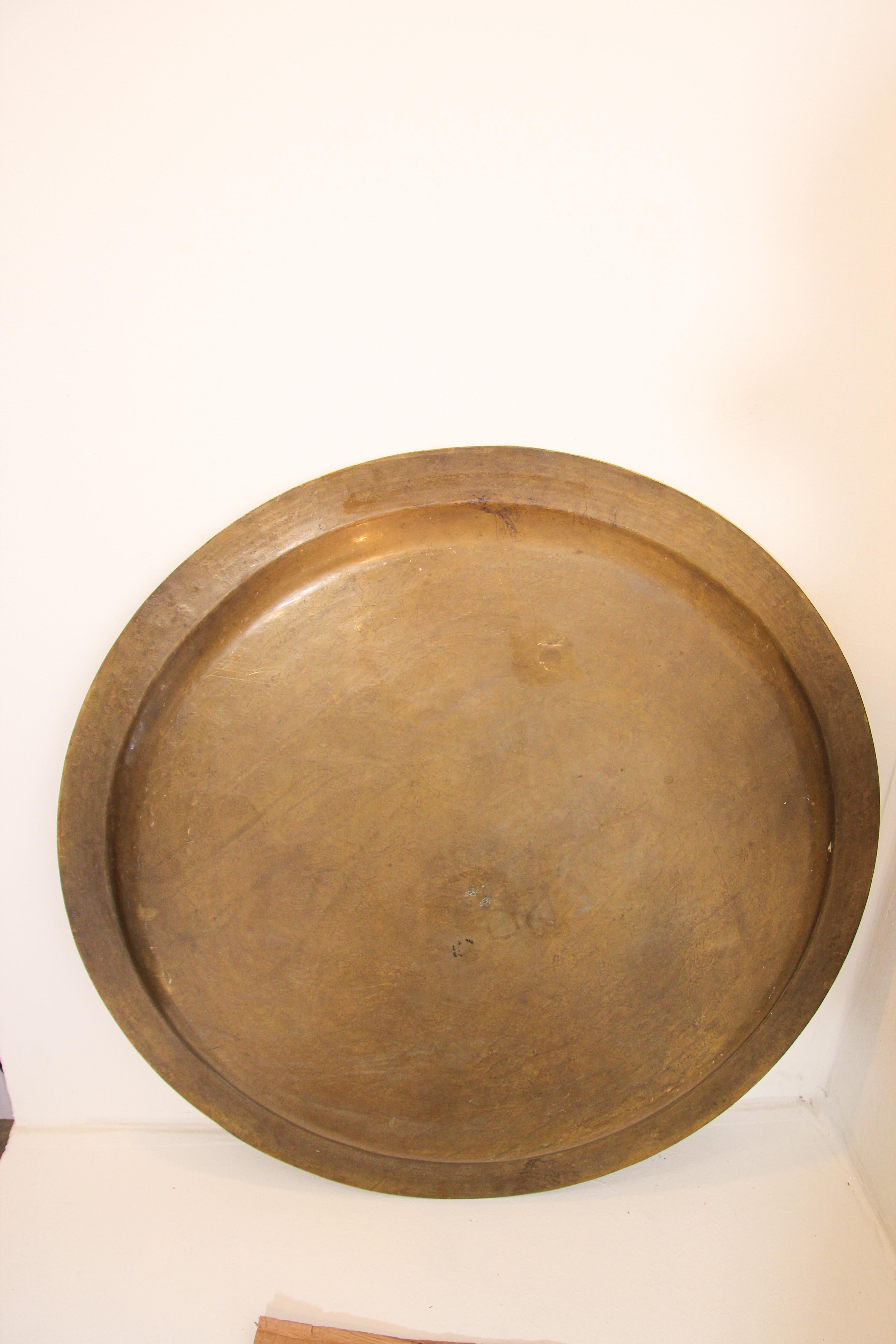 Moroccan Antique Large Polished Round Brass Tray Platter 36 Inc. 7