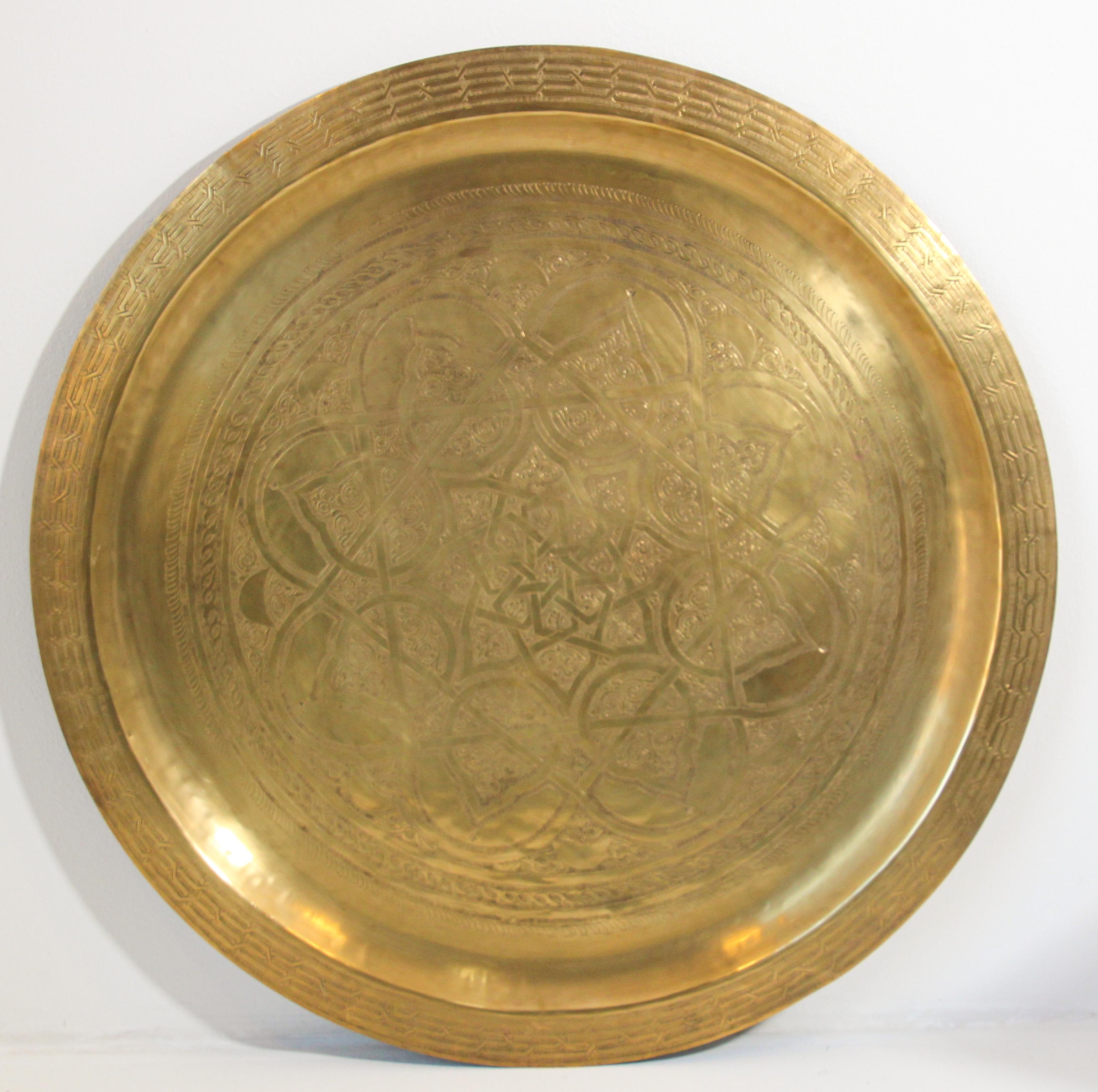 Moorish Moroccan Antique Large Polished Round Brass Tray Platter 36 Inc.