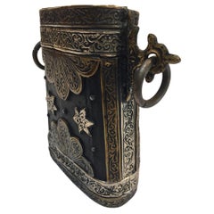 Antique Moroccan Berber Case Flask, Hand-Carved Wood & Brass, 1920s