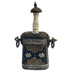 Antique Moroccan Berber Case Flask, Hand-Carved Wood & Brass, 1920s