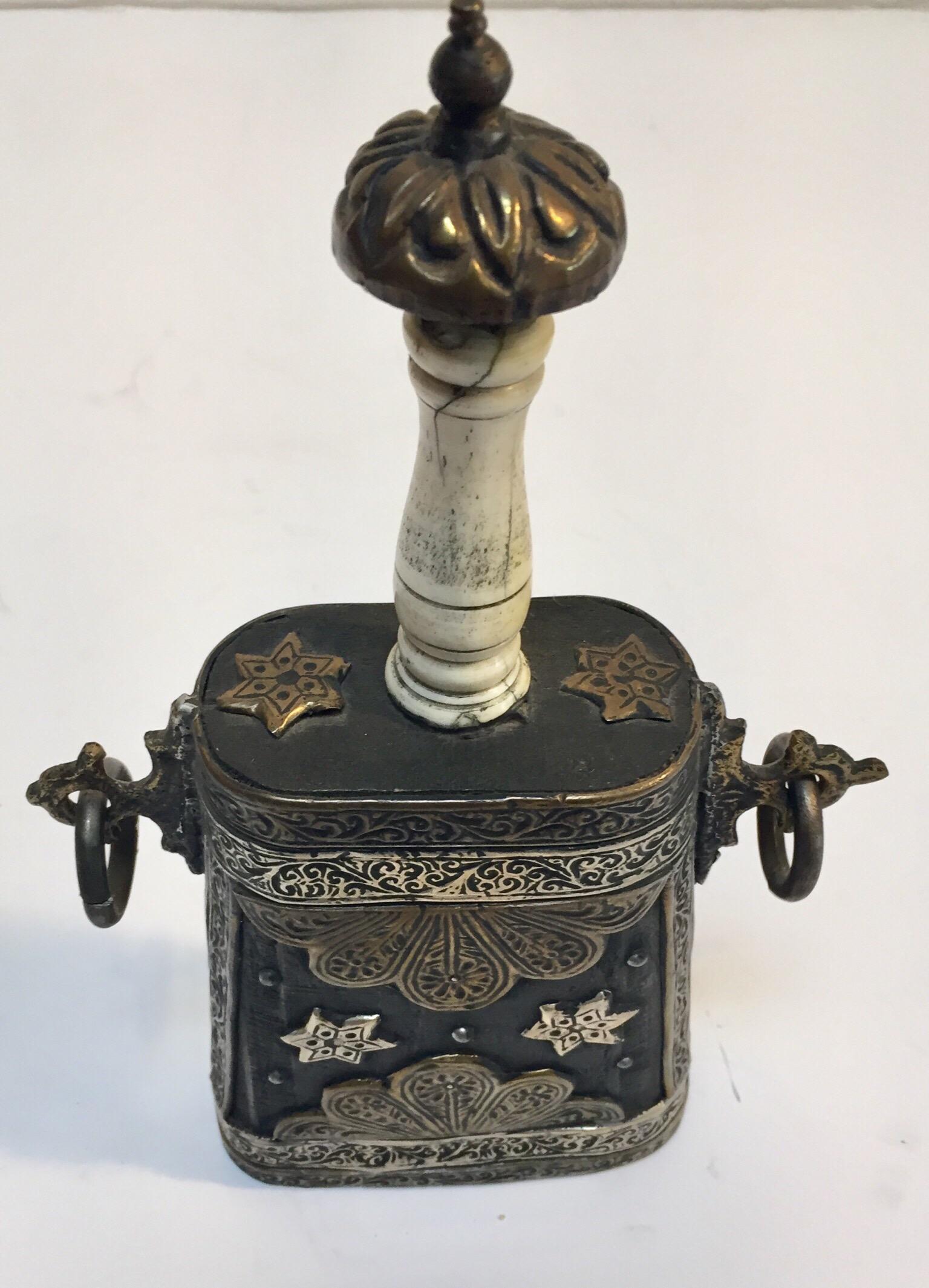 Brass Moroccan Antique Berber Case Flask Hand-carved For Sale