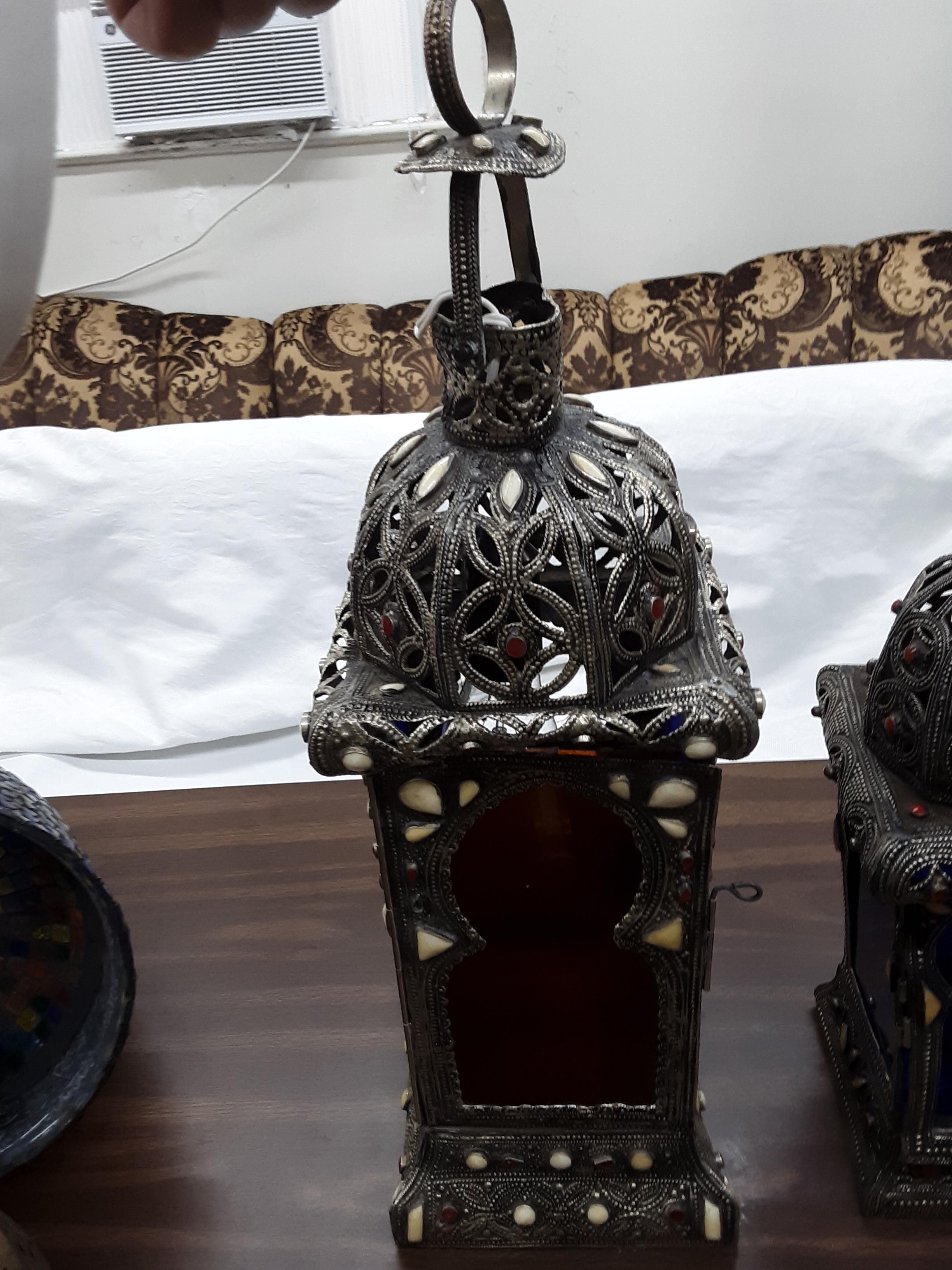 Moorish Moroccan Arabic Beaded Bejeweled Set of Electric Antique Lamp, circa 1965 For Sale
