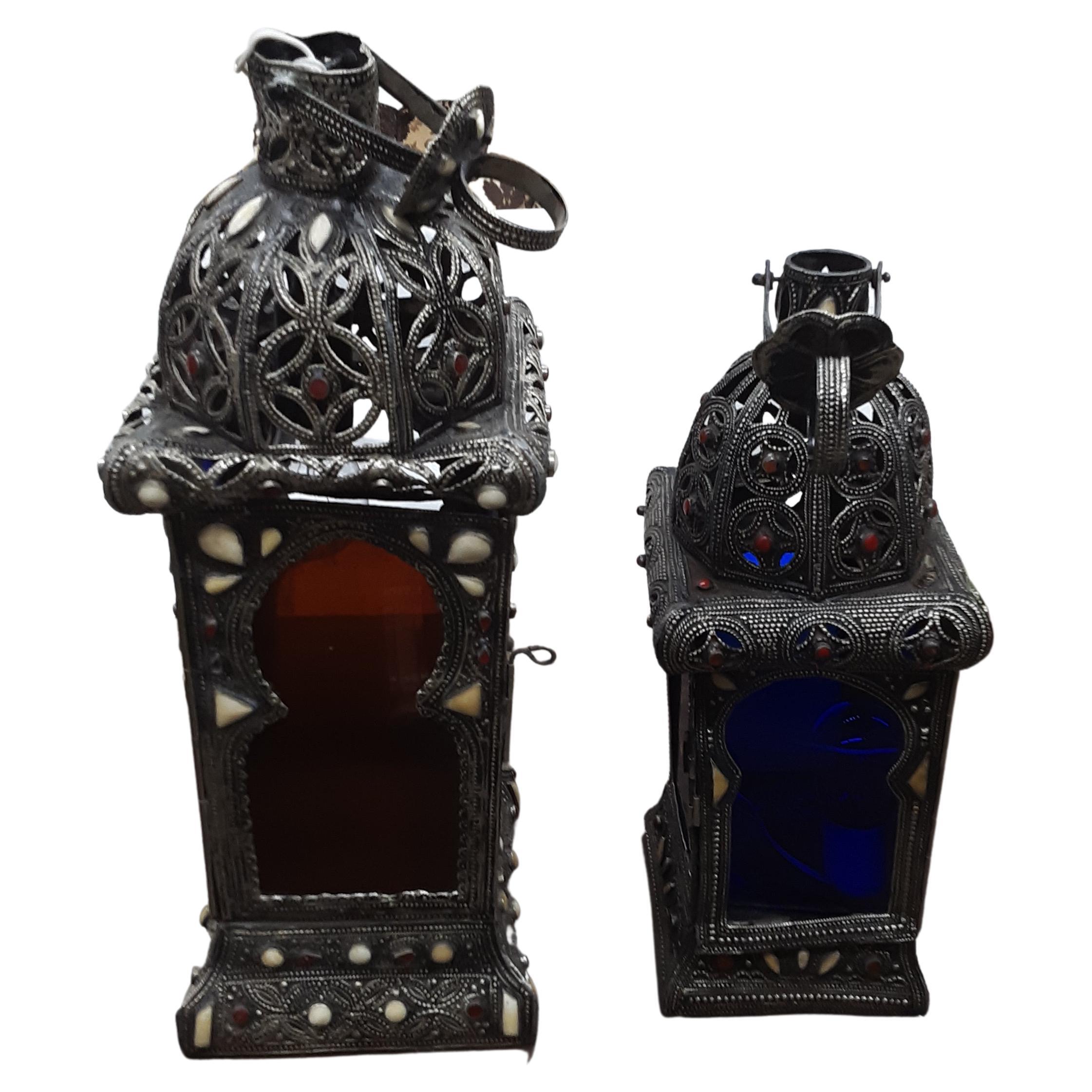 Moroccan Arabic Beaded Bejeweled Set of Electric Antique Lamp, circa 1965 For Sale