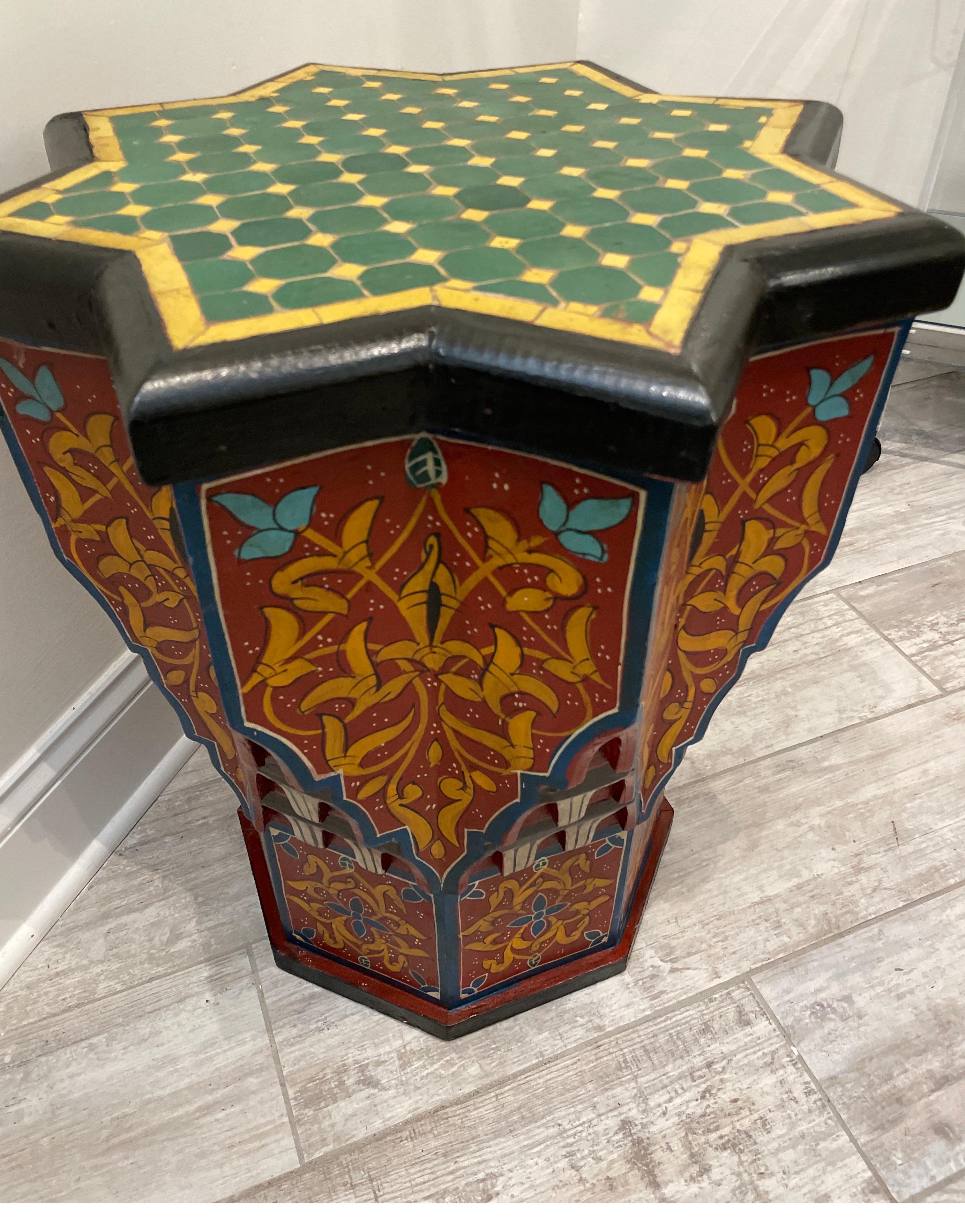 Hand-Crafted Moroccan Architectural Painted & Tile Top Octagon Side Table / Stand For Sale