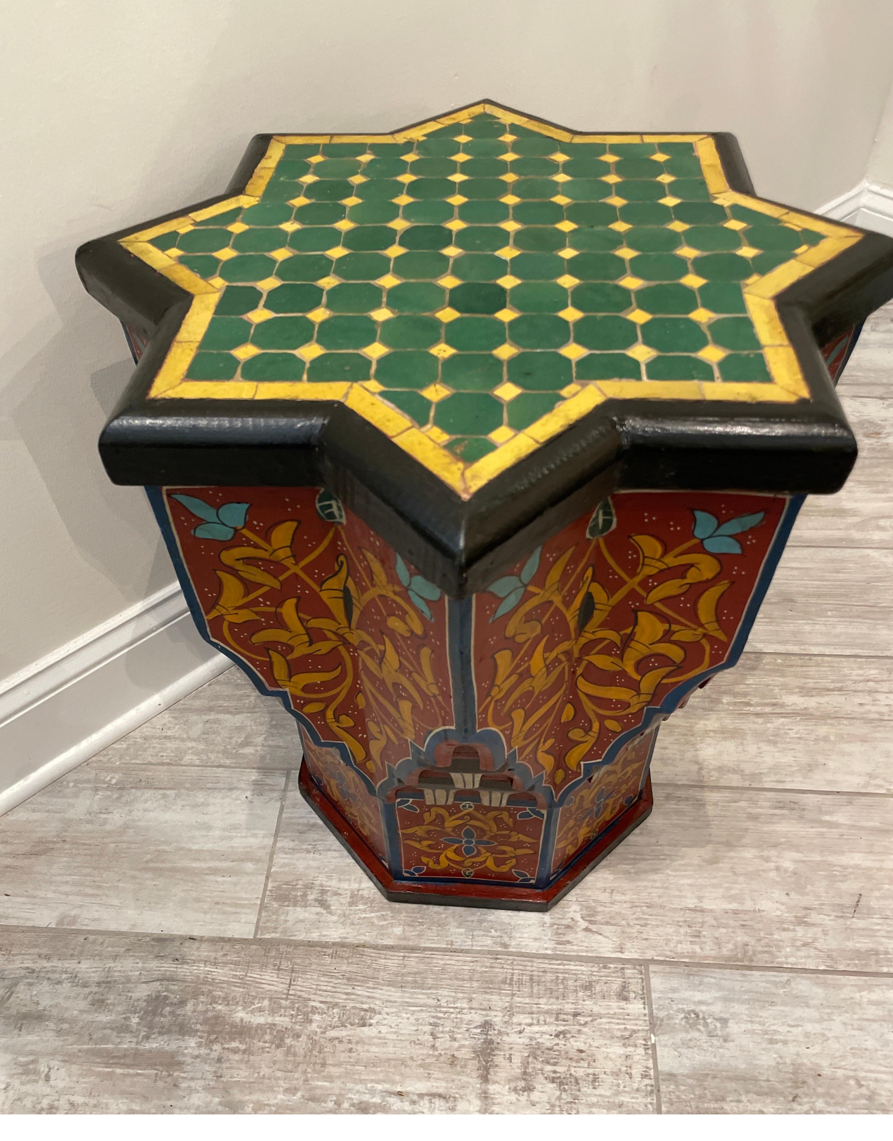 Wood Moroccan Architectural Painted & Tile Top Octagon Side Table / Stand For Sale