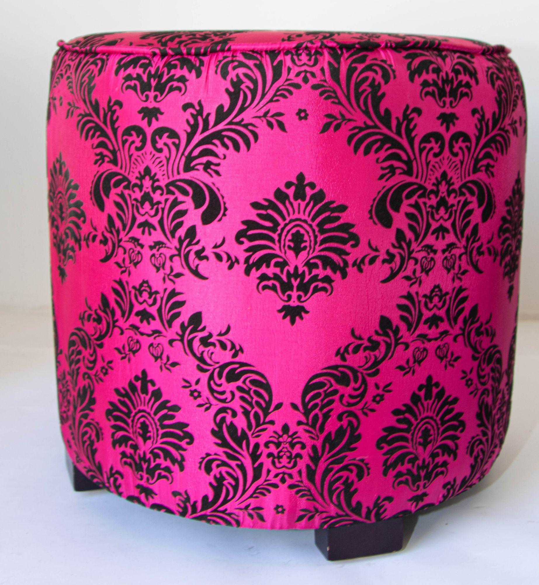 Fabric Moroccan Art Deco Boho Style Pouf in Hot Fuchsia Color For Sale