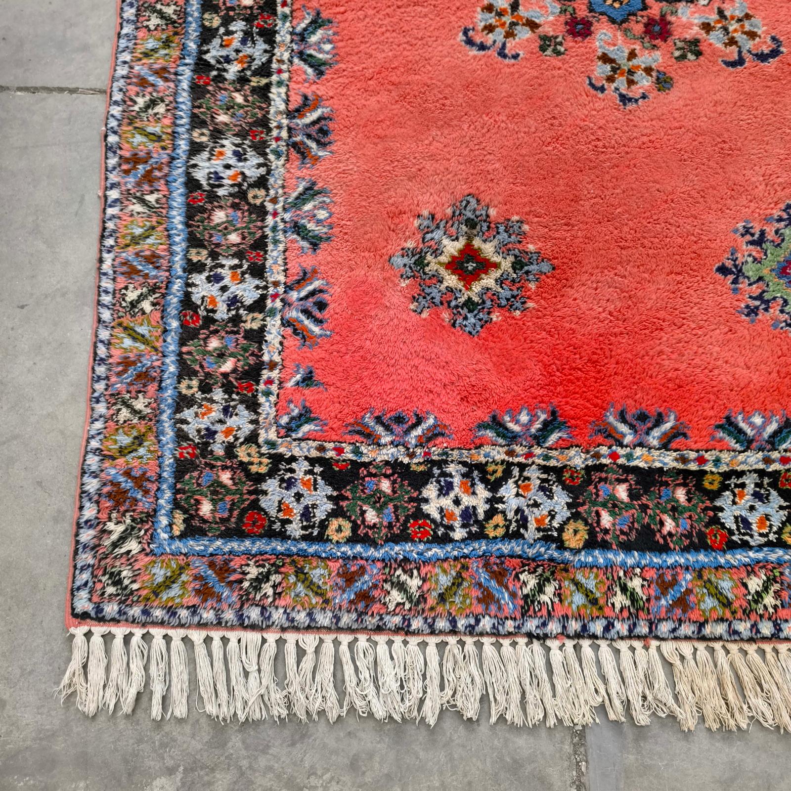 Marokkanischer Artisanat Rabat Wollteppich Handgeknüpft 5.6' X 8.8' Orange Grün Floral (Mitte des 20. Jahrhunderts) im Angebot
