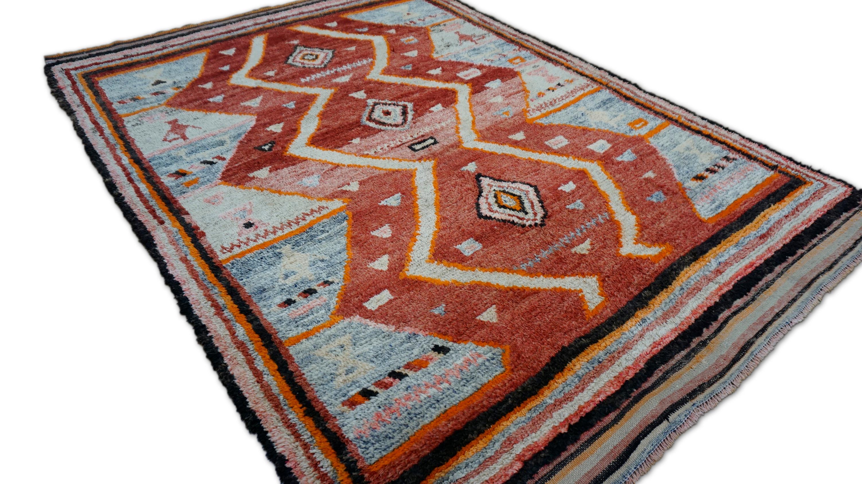 Tribale Tappeto marocchino in lana stile Azilal Blu ruggine 6'5''x7'6'' in vendita