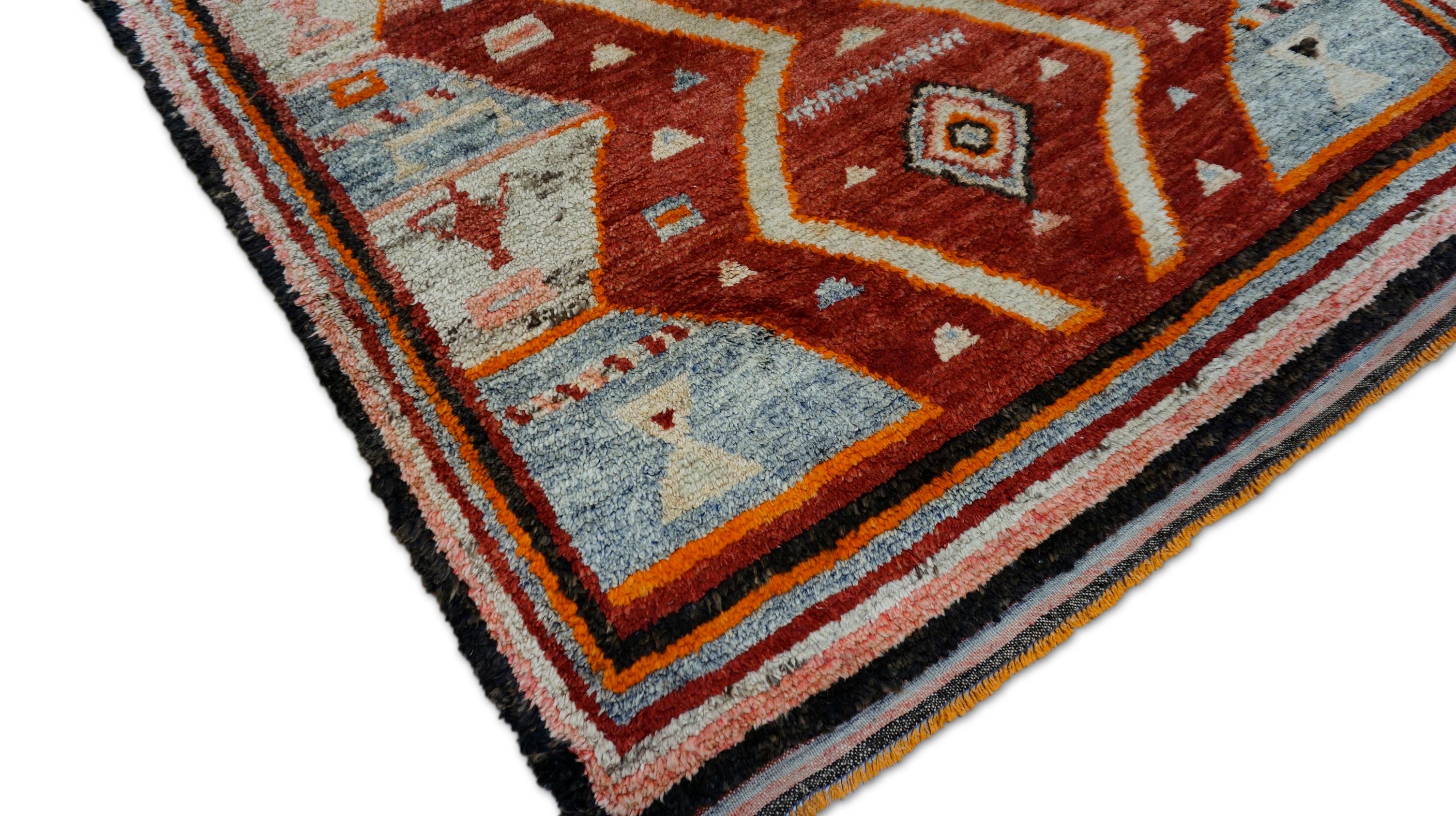 Annodato a mano Tappeto marocchino in lana stile Azilal Blu ruggine 6'5''x7'6'' in vendita