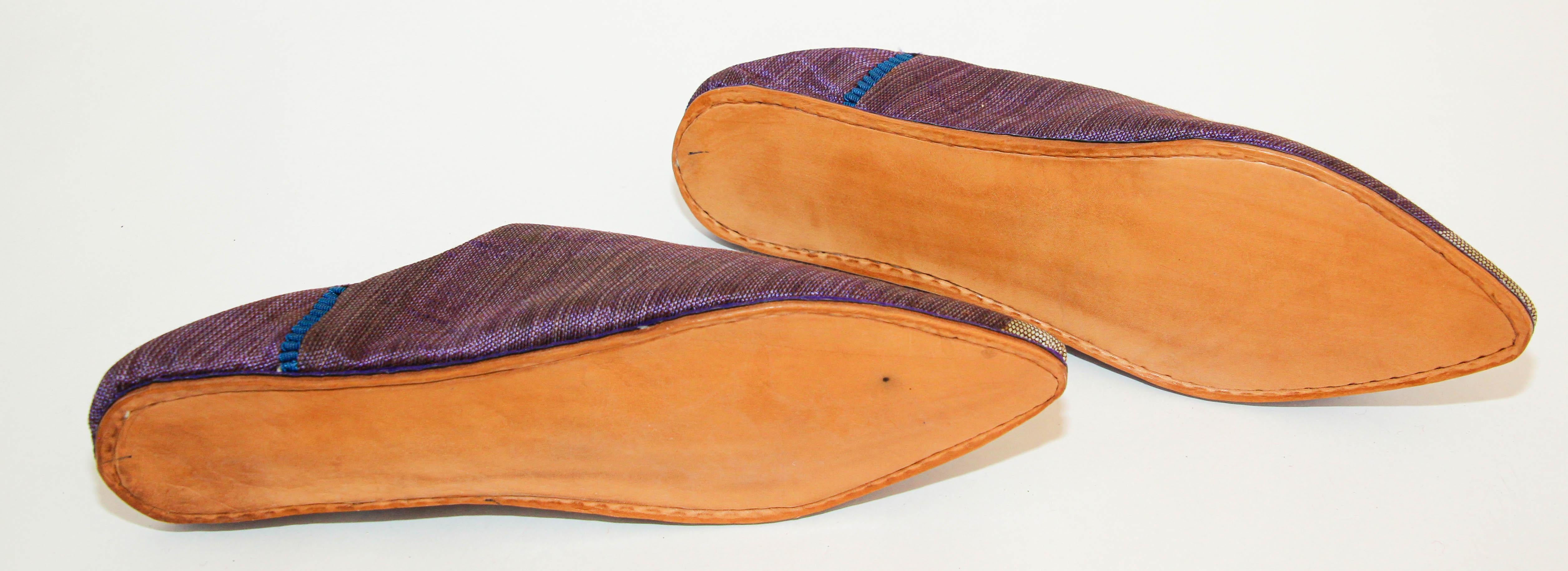 Moroccan Babouches Silk Slippers from Marrakech Pointed Flat Mules Purple For Sale 4