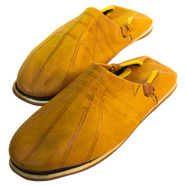 Moroccan Babouches Yellow Leather Hand Tooled Slippers Ethnic Shoes For