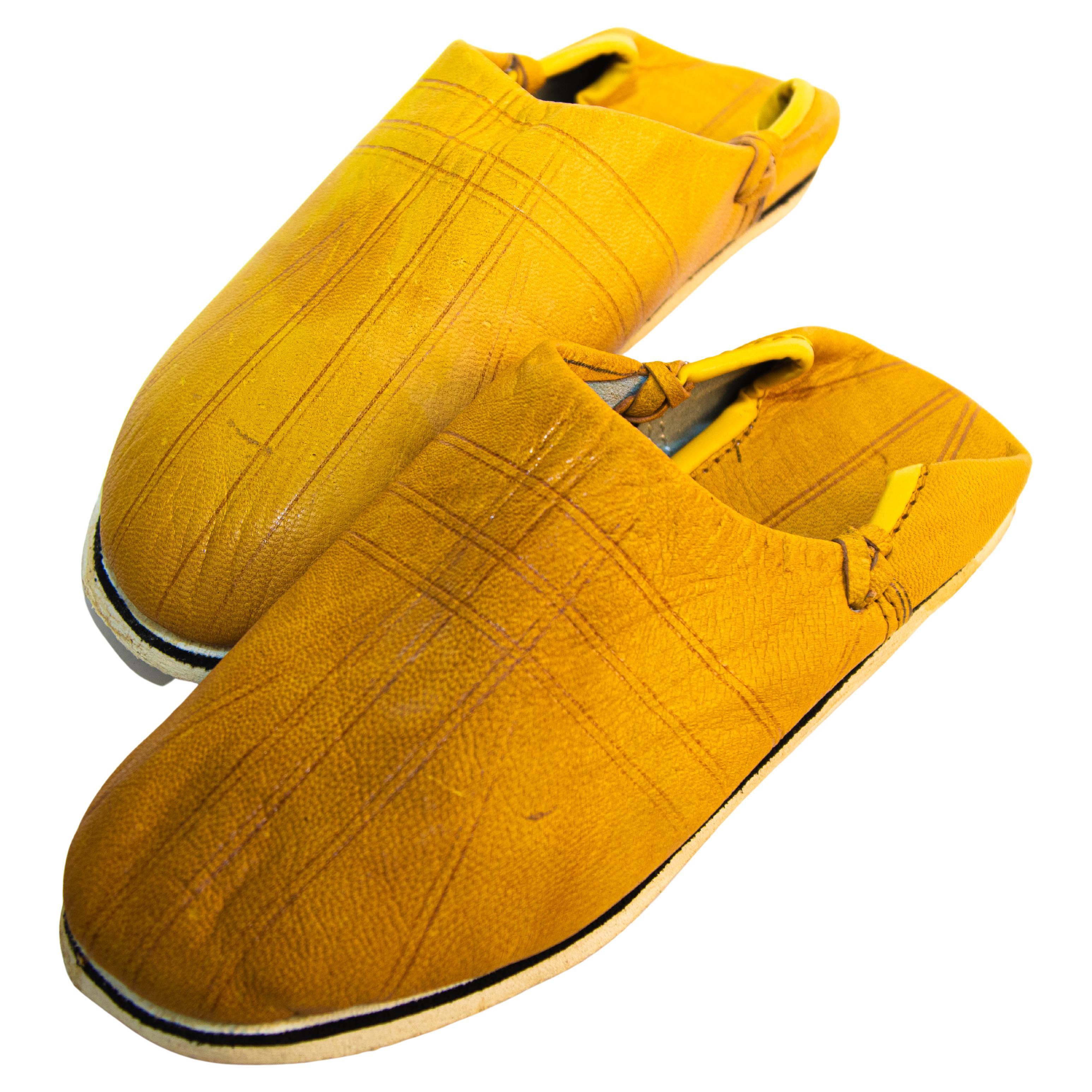 Moroccan Babouches Yellow Leather Hand Tooled Slippers Ethnic Shoes For Sale