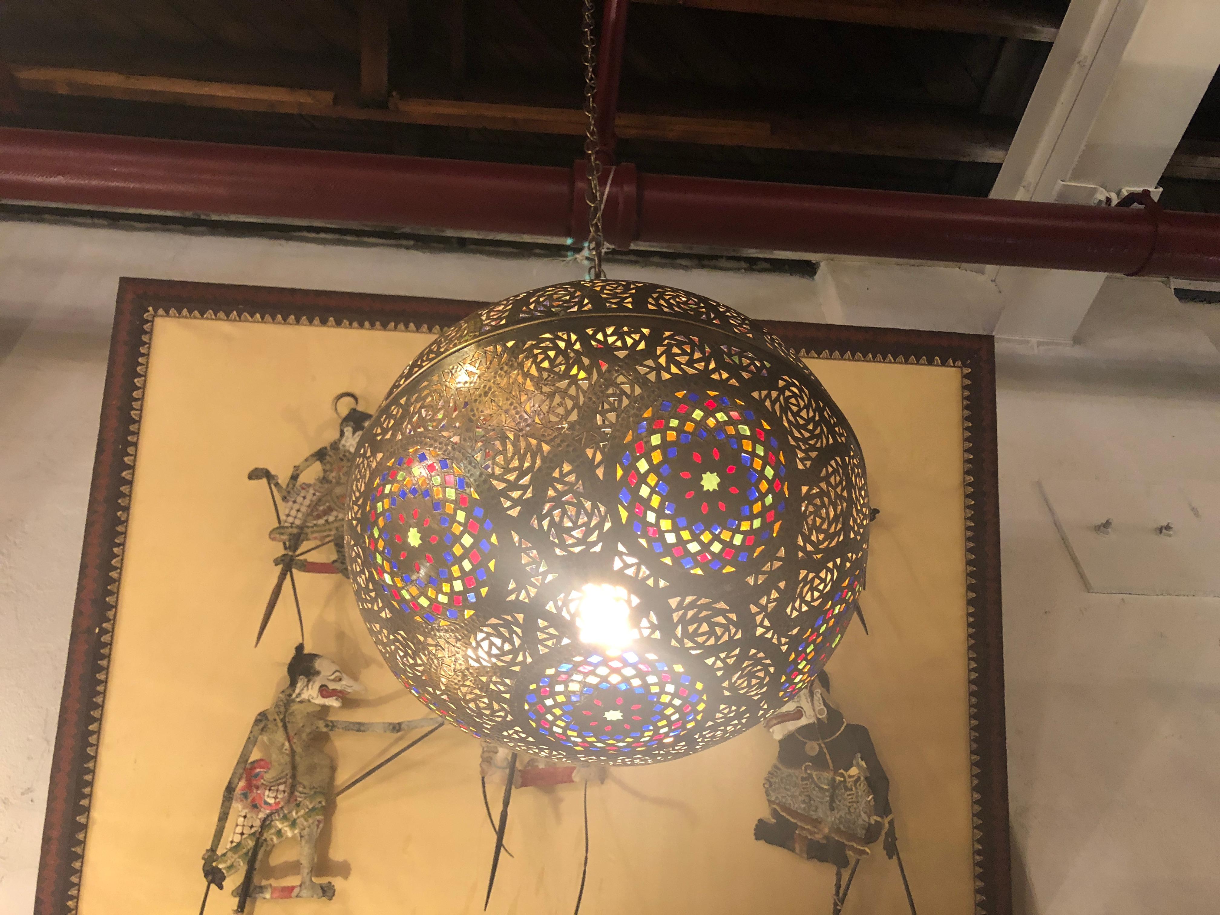 Moroccan Ball-Shaped Copper and Multi-Color Glass Pendant Lighting 3