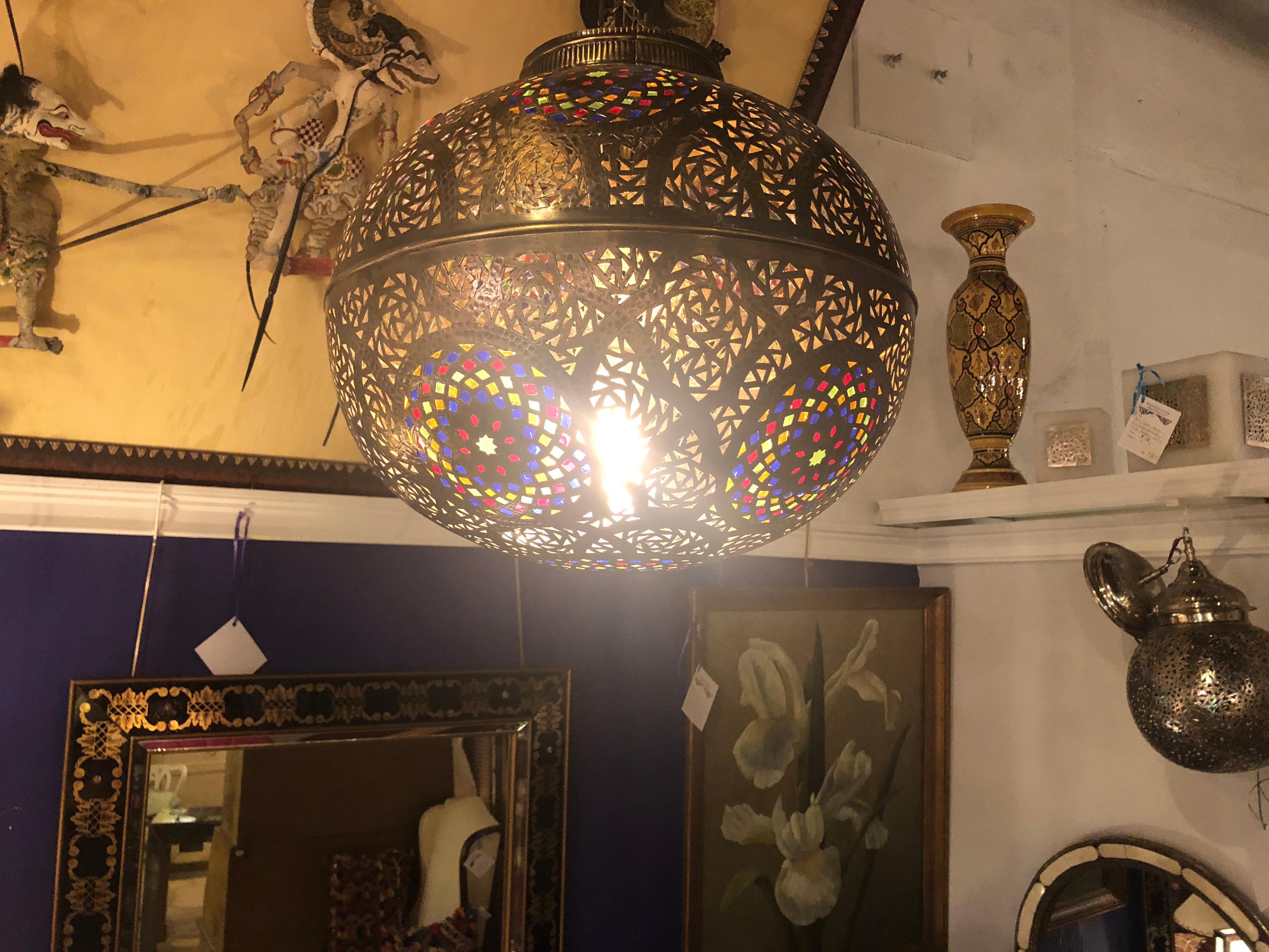 Moroccan Ball-Shaped Copper and Multi-Color Glass Pendant Lighting 1