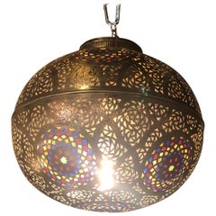 Moroccan Ball-Shaped Copper and Multi-Color Glass Pendant Lighting