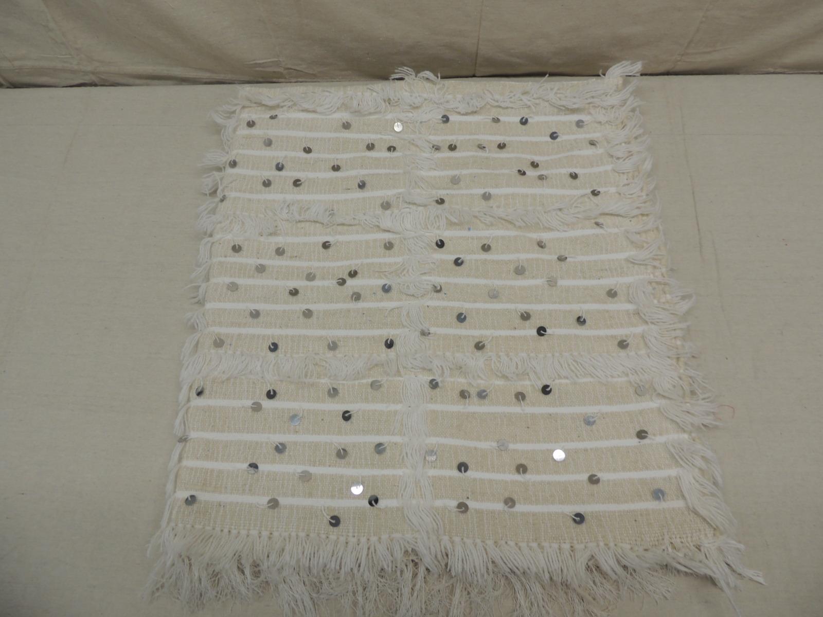 Moroccan beige and white wedding blanket or throw
beige field with white fringes and silver sequins.
Size: 44