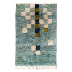 Tapis marocain à motifs en damier 4'x6', tapis en terre cuite de couleurs bleu et vert, en stock