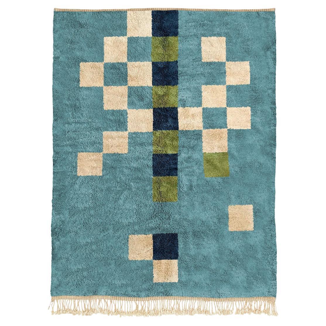 Alfombra marroquí a cuadros 4'x6', Alfombra moderna Mrirt de color azul, hecha a medida