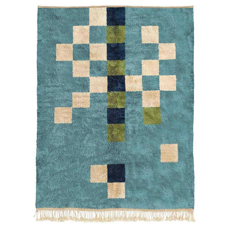 Moroccan Blue Color Checkered Pattern rug 9’x12’, Modern Mrirt rug ...